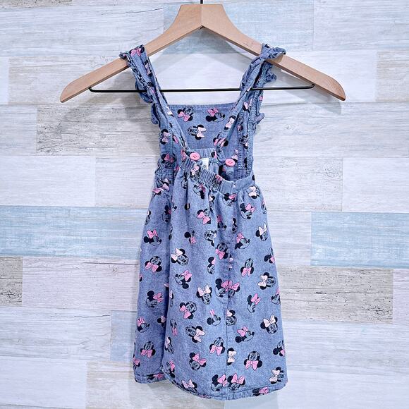 Disney Minnie Mouse Printed Chambray Ruffle Pinafore Dress Blue Apron Girl 5 - Picture 3 of 4